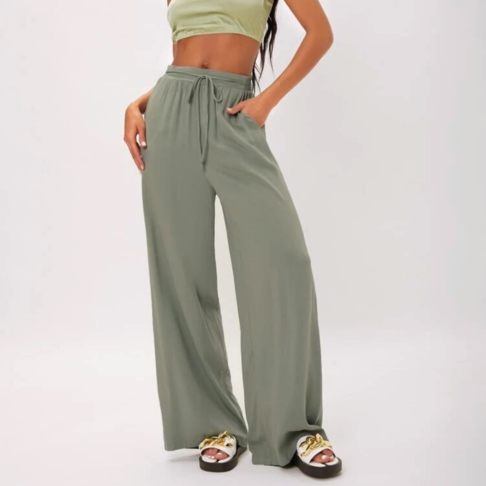 Army green self belted wide leg pants